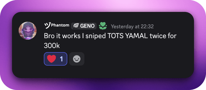 Discord Review by Phantom: Bro it works I sniped TOTS YAMAL twice for 300k