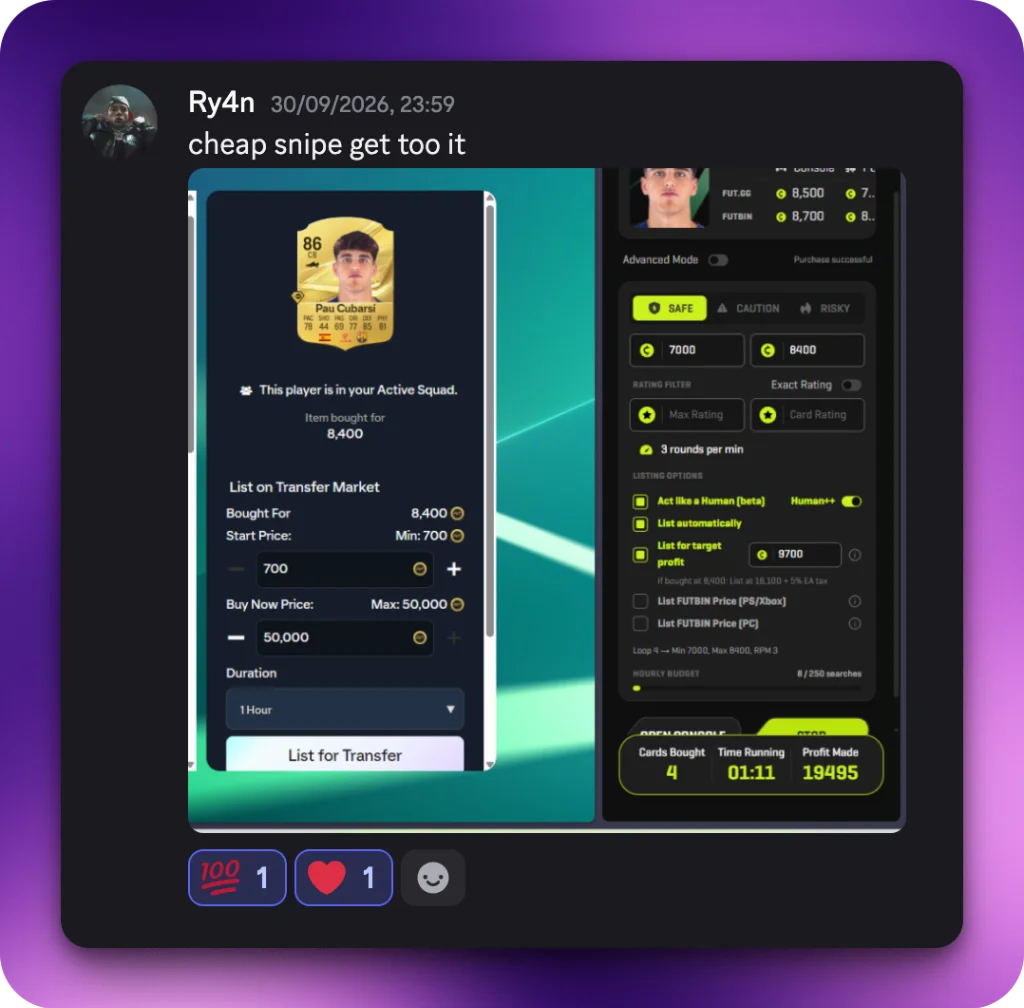 Discord Snipe Proof by Ry4n: cheap snipe get too it. Sniped 86 Pau Cubarsi for 8,400 coins, 4 cards bought in 1m 11s with 19,495 profit