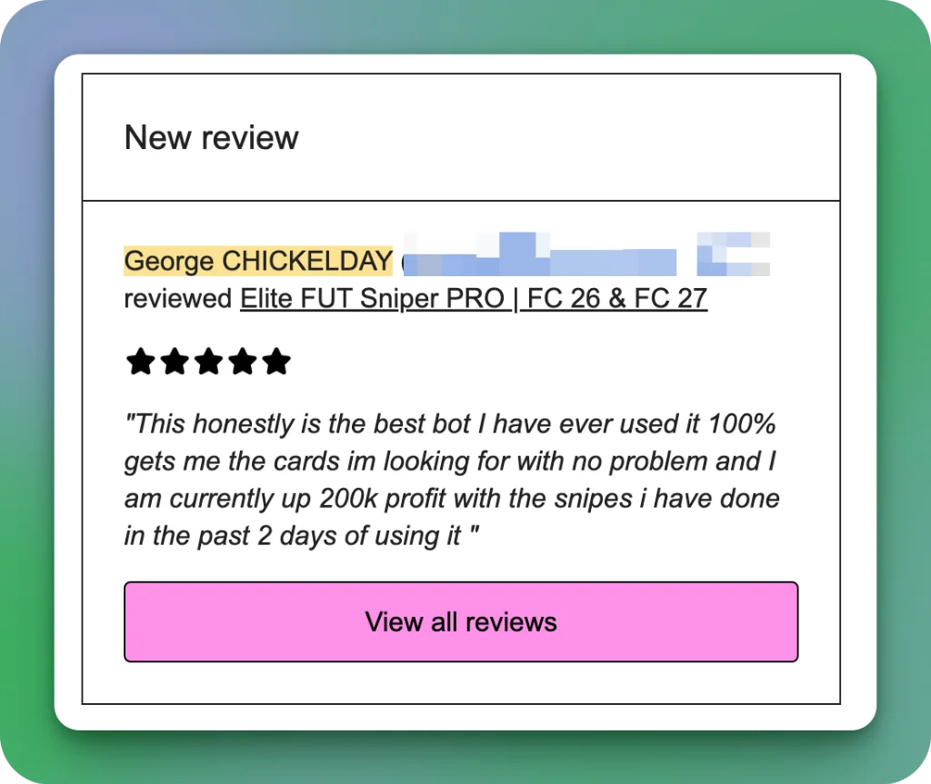 Gumroad Review by George CHICKELDAY: This honestly is the best bot I have ever used it 100% gets me the cards im looking for with no problem and I am currently up 200k profit with the snipes i have done in the past 2 days of using it