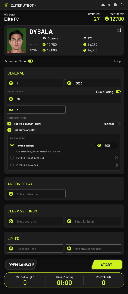Elite FUT SNIPER FC 27 autobuyer — advanced configuration mode with anti-ban sleep settings and auto-list margin
